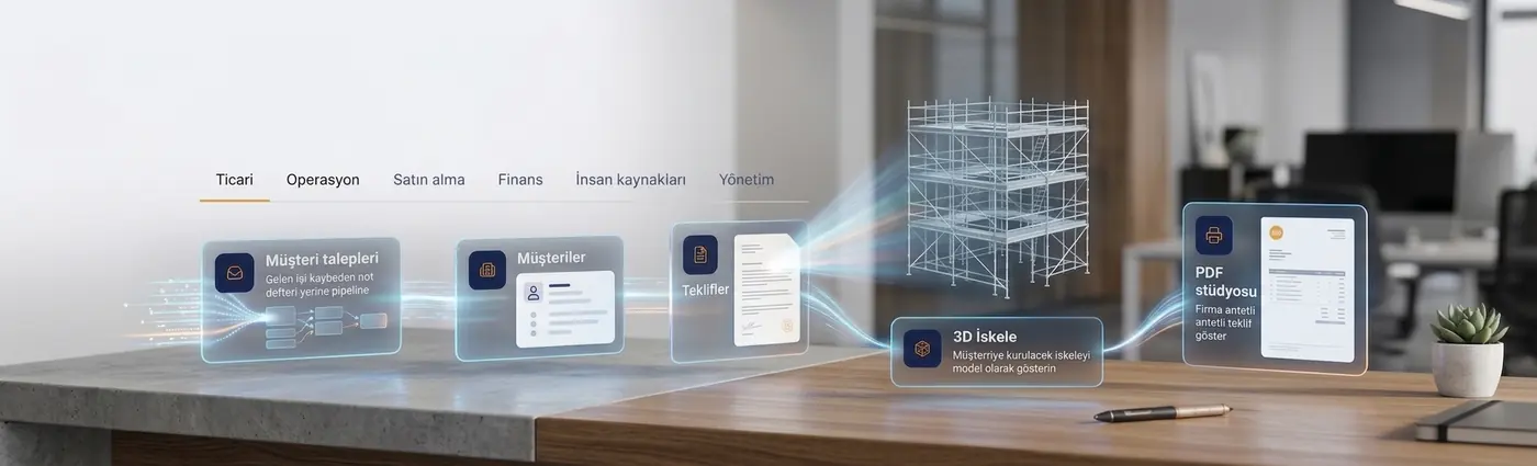 Bağlı uygulamalar: müşteri talepleri, müşteriler ve teklifler 3D iskele ile PDF stüdyosuna bağlanır