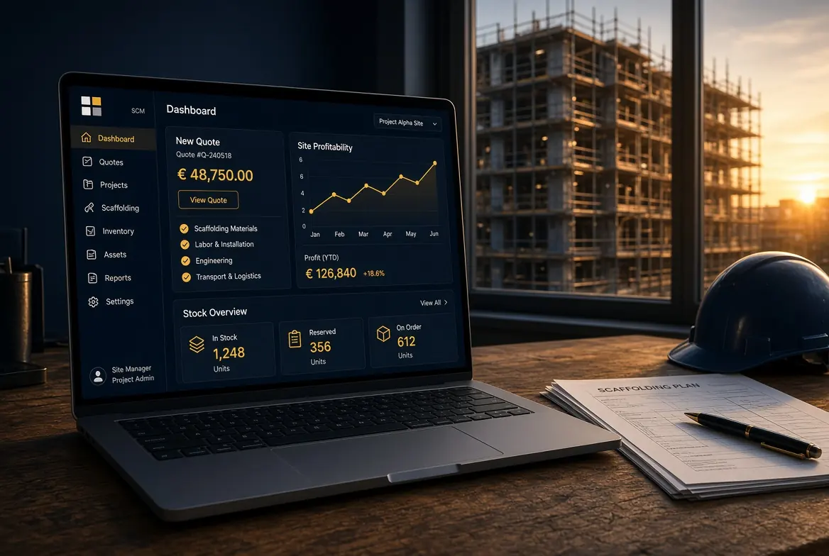 İskele Pro ofis ekranı: laptop üzerinde teklif ve şantiye paneli