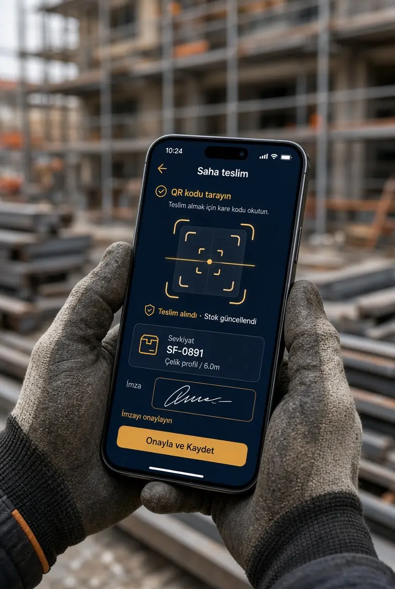 İskele Pro saha teslim mobil uygulaması: QR okutma, imza ve stok güncelleme